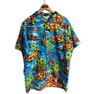 Vtg 70s Island Scape Blue Luau Aloha Dolphin California Hawaiian Shirt Men LARGE